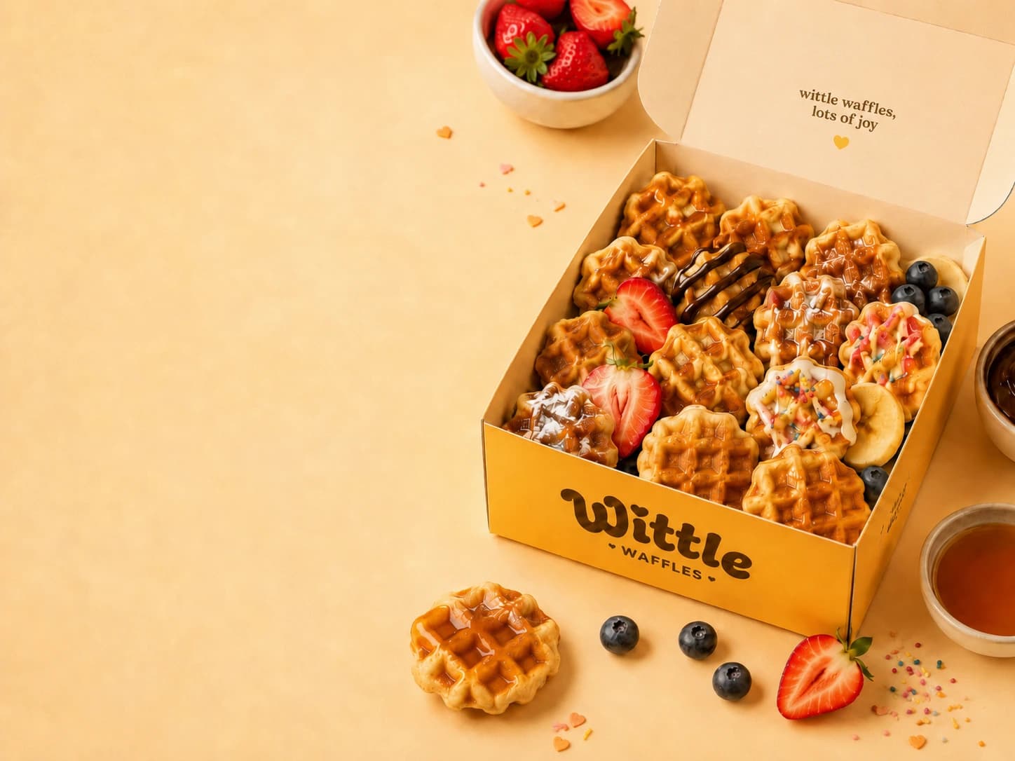 Open Wittle Waffles box filled with mini waffles, berries, syrup, and toppings
